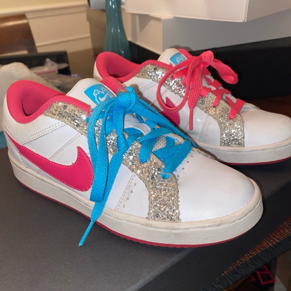 Nike Kids' Sneakers - White, Pink, and Blue with Glitter